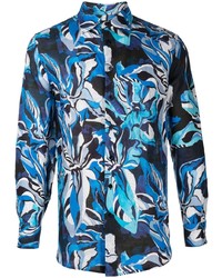 Chemise à manches longues en lin à fleurs bleue Etro