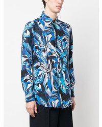 Chemise à manches longues en lin à fleurs bleue Etro