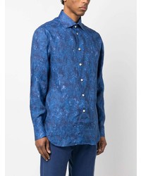 Chemise à manches longues en lin à fleurs bleue Kiton
