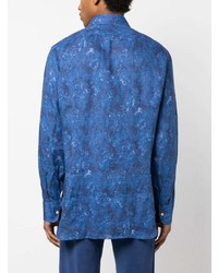 Chemise à manches longues en lin à fleurs bleue Kiton
