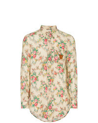 Chemise à manches longues en lin à fleurs marron clair