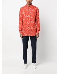 Chemise à manches longues en lin à fleurs orange Kiton