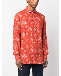 Chemise à manches longues en lin à fleurs orange Kiton