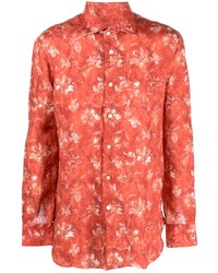 Chemise à manches longues en lin à fleurs orange Kiton