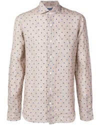 Chemise à manches longues en lin á pois beige