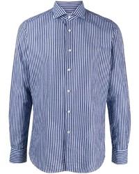 Chemise à manches longues en lin à rayures verticales blanc et bleu marine