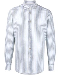 Chemise à manches longues en lin à rayures verticales blanc et bleu marine Boglioli