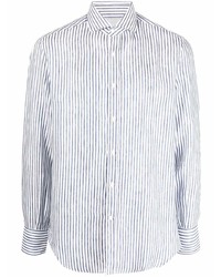 Chemise à manches longues en lin à rayures verticales blanc et bleu marine Brunello Cucinelli
