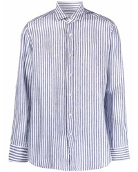 Chemise à manches longues en lin à rayures verticales blanc et bleu marine Tintoria Mattei