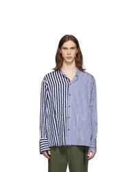 Chemise à manches longues en lin à rayures verticales blanc et bleu