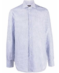 Chemise à manches longues en lin à rayures verticales blanc et bleu Barba