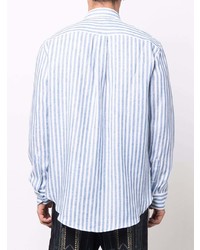 Chemise à manches longues en lin à rayures verticales blanc et bleu Etro