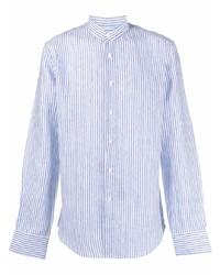 Chemise à manches longues en lin à rayures verticales blanc et bleu Dell'oglio