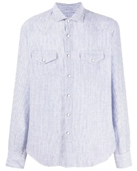 Chemise à manches longues en lin à rayures verticales blanc et bleu Eleventy