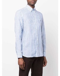 Chemise à manches longues en lin à rayures verticales blanc et bleu Etro