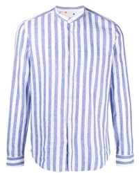Chemise à manches longues en lin à rayures verticales blanc et bleu Manuel Ritz