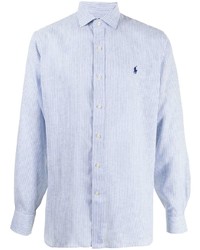 Chemise à manches longues en lin à rayures verticales blanc et bleu Polo Ralph Lauren