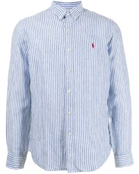 Chemise à manches longues en lin à rayures verticales blanc et bleu Polo Ralph Lauren