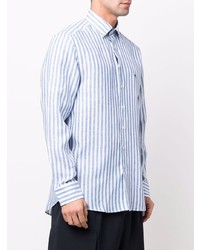 Chemise à manches longues en lin à rayures verticales blanc et bleu Etro
