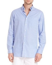 Chemise à manches longues en lin à rayures verticales bleu clair