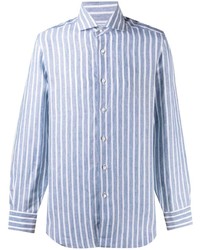 Chemise à manches longues en lin à rayures verticales bleu clair Barba