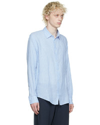 Chemise à manches longues en lin à rayures verticales bleu clair Sunspel