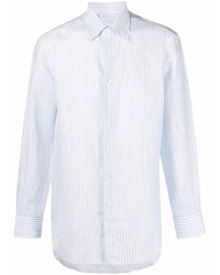 Chemise à manches longues en lin à rayures verticales bleu clair Brioni
