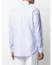 Chemise à manches longues en lin à rayures verticales bleu clair Canali