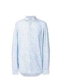 Chemise à manches longues en lin à rayures verticales bleu clair Corneliani