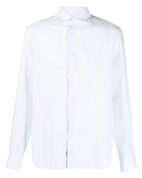 Chemise à manches longues en lin à rayures verticales bleu clair Deperlu