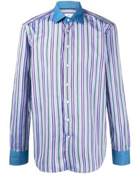 Chemise à manches longues en lin à rayures verticales bleu clair Etro