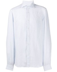 Chemise à manches longues en lin à rayures verticales bleu clair Fay
