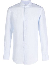 Chemise à manches longues en lin à rayures verticales bleu clair Finamore 1925 Napoli