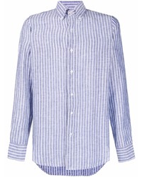 Chemise à manches longues en lin à rayures verticales bleu clair Finamore 1925 Napoli