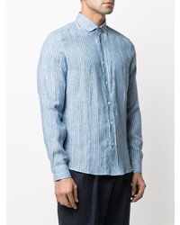 Chemise à manches longues en lin à rayures verticales bleu clair Brunello Cucinelli