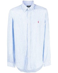 Chemise à manches longues en lin à rayures verticales bleu clair Polo Ralph Lauren