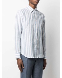 Chemise à manches longues en lin à rayures verticales bleu clair Canali