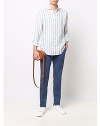 Chemise à manches longues en lin à rayures verticales bleu clair Eleventy