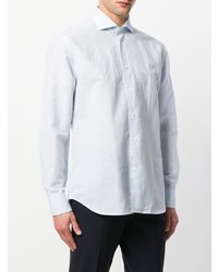 Chemise à manches longues en lin à rayures verticales bleu clair Corneliani