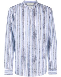 Chemise à manches longues en lin à rayures verticales bleu clair Z Zegna