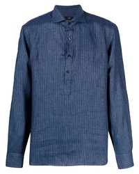 Chemise à manches longues en lin à rayures verticales bleu marine Barba
