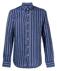 Chemise à manches longues en lin à rayures verticales bleu marine Canali