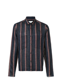 Chemise à manches longues en lin à rayures verticales bleu marine Cerruti 1881