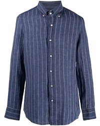 Chemise à manches longues en lin à rayures verticales bleu marine Finamore 1925 Napoli