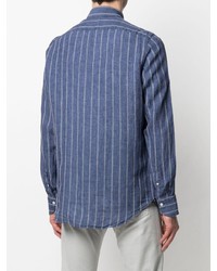 Chemise à manches longues en lin à rayures verticales bleu marine Finamore 1925 Napoli