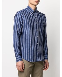 Chemise à manches longues en lin à rayures verticales bleu marine Canali