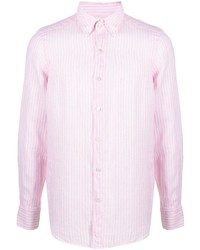 Chemise à manches longues en lin à rayures verticales rose Finamore 1925 Napoli
