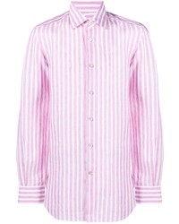 Chemise à manches longues en lin à rayures verticales rose Kiton