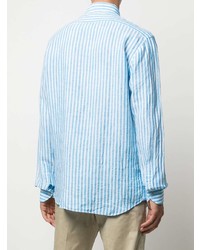 Chemise à manches longues en lin à rayures verticales turquoise Xacus