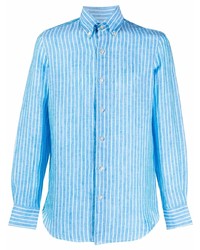 Chemise à manches longues en lin à rayures verticales turquoise Finamore 1925 Napoli